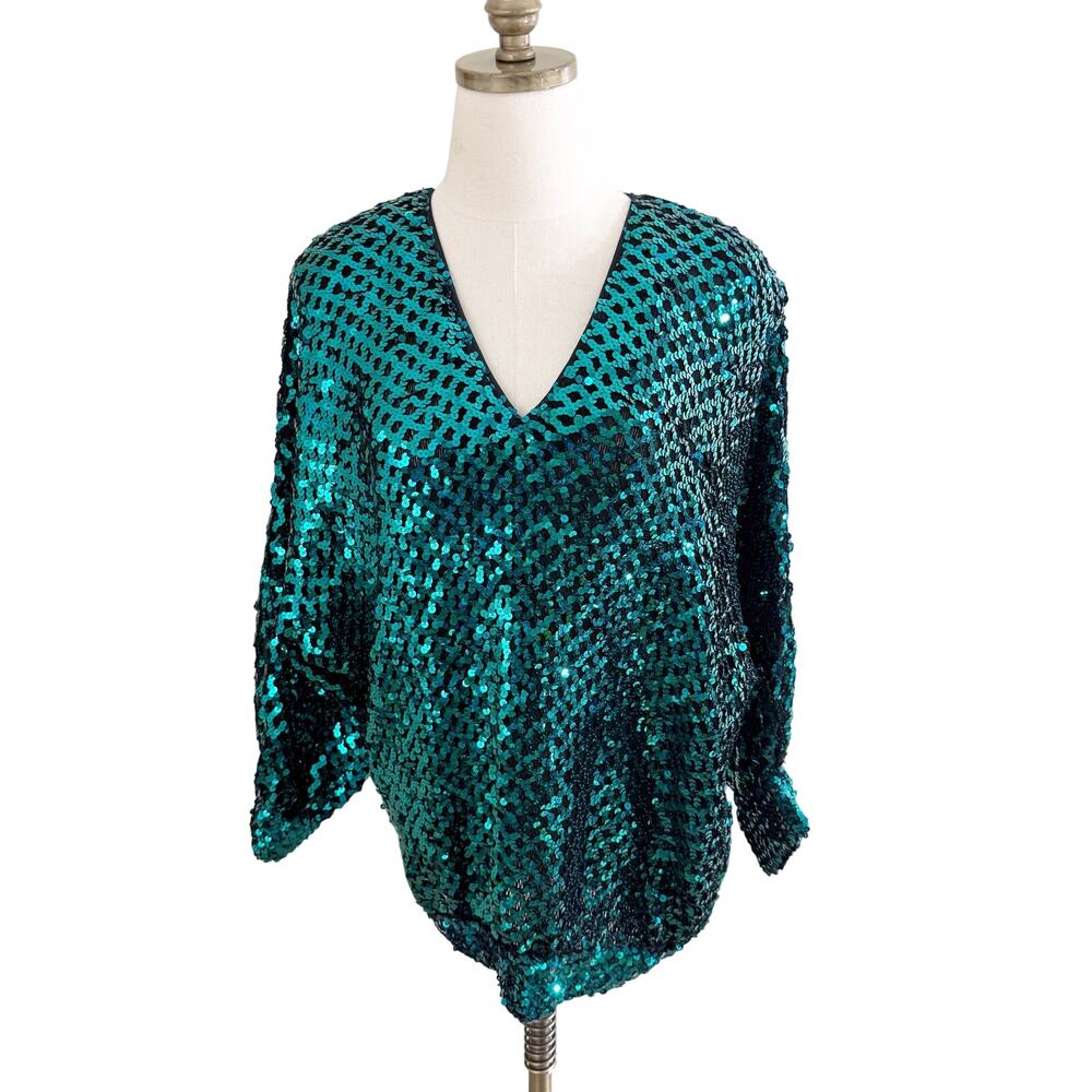 NWOT Vintage 80s Three Flaggs Metallic Teal Sequin Dolman Sleeve Top Sz M V-Neck
